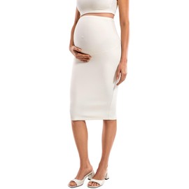 MOMANDA Women' s Maternity Skirt High Waist Midi Pencil Skirt with Slit Stretchy Pregnancy Casual White Apricot Medium