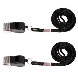 Plume'CHJ 2 Packs Plastic Sports emergency whistle with lanyard and mouth Grip, loud and clear sound, plastic whistle is perfect for lifeguards, self-defense and emergencies（2-black）