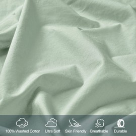 PHF 100% Garment Washed Cotton Fitted Sheet Queen Size - Cozy Cloud Soft Linen Like Bottom Sheet Only with Elastic Deep Pockets, Easy Fit Breathable Warm not Shrink,60"x 80",Sage Green,No Pillowcase