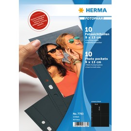 HERMA 7783 Fotohüllen für Ordner, 10 Stück, 9x13 cm, 4 Fächer geteilt, beidseitig bestückbare Fotophan Fotosichthüllen Sammelhüllen Postkartenhüllen Prospekthüllen mit Eurolochung, schwarz