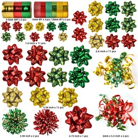 JOYIN 40 Pcs Christmas Assorted Gift Bows with 34 Multi-Colored Assorted Size Self Adhesive Gift Bows, 2 Curly Bows, 2 Tinsel Bows and 2 Curling Ribbons for Gift Wrapping, Christmas Wrapping Ribbon