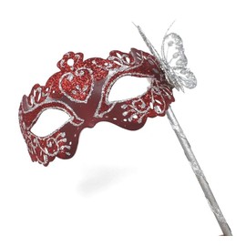 LADIES SPARKLING RED & SILVER RIALTO VENETIAN MASQUERADE CARNIVAL PARTY EYE HAND HELD MASK ON A STICK
