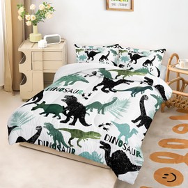 AILONEN Dinosaur Full Kids Bedding Set,Black and Green Dinosaur Comforter Set All Season,Tropic Leaves and Roaring Dinosaur Silhouette Printed Soft Comforter with 2 Pillowcases for Boys