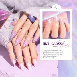 Beetles Purple Gel Nail Polish Set, 6 Colour Spring Purple Shimmer Pearl Jelly Gel Polish with Nail Brush Soak Off LED Lamp Swirl Shell Thread Effect DIY Manicure Gifts for Women