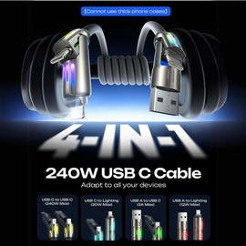 240W 4-in-1 Fast Charging Cable (6.6FT) with Breathing Light, USB A/C to C/L Multi Charging Durable Cable for Smartphone, Compatible for all Cellphone