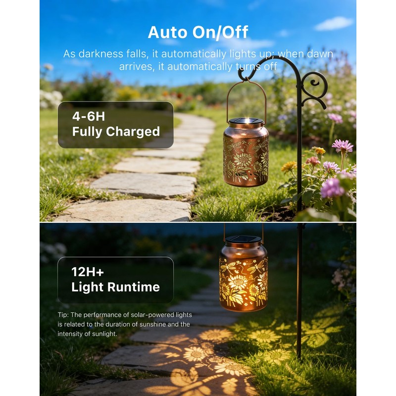 Exteriores Solar Power Lantern Hanging Waterproof Dragonfly Sunflower Light
