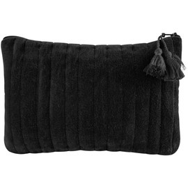 Reise-Kulturbeutel, 21,5 x 11,5 cm, rechteckiges Design mit Reißverschluss und Quasten, samtiges Polyester, Nerz und Schwarz, Schwarz , Klassisch