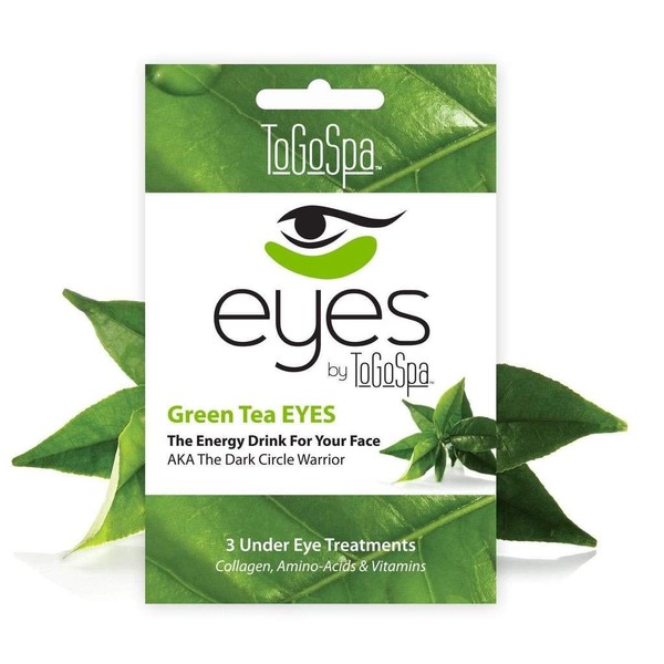 ToGoSpa Green Tea EYES, Dark Circle Warrior | Premium Clean Anti-Aging Gel Pads with Collagen, Hyaluronic Acid, Aloe Vera, Vitamins C & E, Taurine, and Green Tea Extract - 3 Pack