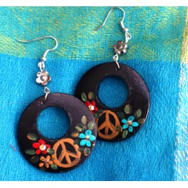Lightweight Cute Large Black Hoop Dangle Earrings with Hand Painted Gold Peace Sign Colorful Flowers Crystal Rhinestones Hippie Bohemian Jewelry for Teen Girls Women