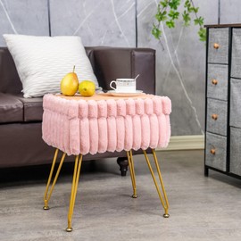 xuperbonus Faux Fur Vanity Stool with Storage Ottoman, Vanity Chair for Makeup Room, Vanity Stools for Bedroom,Footrest with Metal Legs and as a Coffee Table(Pink)