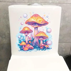 Mushroom Grass Toilet Cover Sticker Decals,Spring Flower Leaf Waterproof Toilet Lid Tank Seat Decals Cistern Self-Adhesive Bathroom Wall Sticker