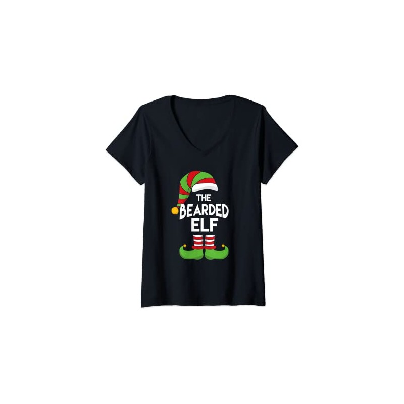 Womens Funny Bearded Elf Christmas Costume Santa Helper Matching V-Neck