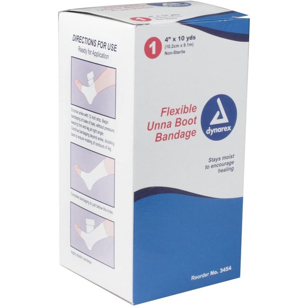 Dynarex Unna Boot Bandage, Individually Packaged, Provides Customized Compression, With Zinc Oxide, Soft Cast, 4” x 10 Yards, 1 Case of 12 Bandages