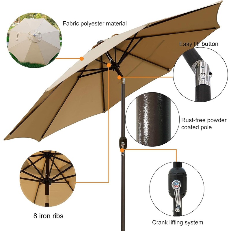 Blissun 9' Outdoor Patio Umbrella, Outdoor Table Umbrella, Yard Umbrella,