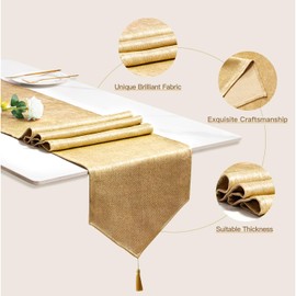 BALCONY & FALCON Table Runner with Tassels Machine Washable Luxury Home Decorative Dresser Scarves for Dining Party Banquets Wedding Birthday 14 x 71 inch, Gold
