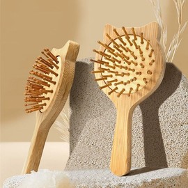 Kid-Friendly Portable Cartoon Cat-Shaped Bamboo Massage Hair Brush Bamboo Medium Square Airbag Comb- 10ea