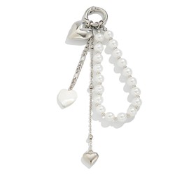 Y2K Keychain Wristlet Purse Charms Pearls Beads Silver White Pendant Tassel Hearts Car Key Chain Women Bag Charms For Handbags Acrylic Metal Heart Chain Phone Charm Aesthetic Keychain Accessories