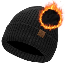 Oversized XL XXL Unisex Merino Wool Beanie with Fleece Lining Cold Weather Winter Hat Big Head Black