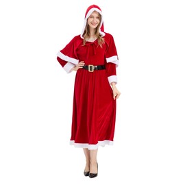 Ahititi Mrs Claus Costume for Women Adult Christmas Miss Santa Claus Dress Red Long Sleeve Cosplay Party Plus Size Outfit