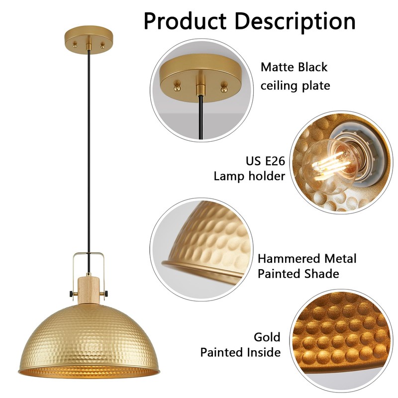 ALAISLYC 16 Inch Gold Pendant Lights Hammered Matte Pendant Lights