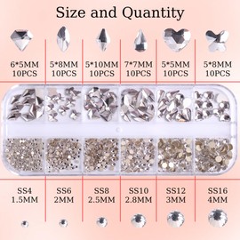 RODAKY White Nail Rhinestones for Nails 860Pcs Nail Art Crystal Gems Stones Silver Crystal Flatback Rhinestones for Crafts Mixed Shapes Size Nail Diamond Design Charms DIY Crafts Jewelry Decoration