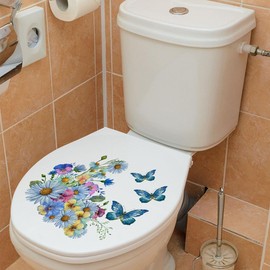 Butterflies Toilet Lid Stickers, Removable Vinyl Botanical Flower Toilet Seat Cover Decal, Plant Leaves Flowers Toilet Seat Lid Stickers, DIY Removable Waterproof Sticker,Toilet Accessories