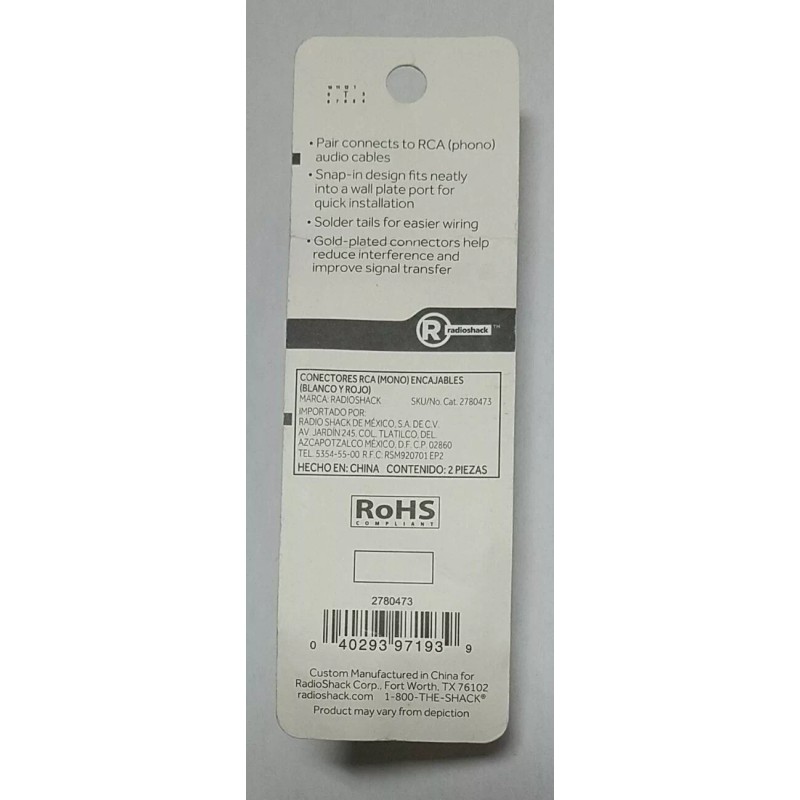 RadioShack Snap In RCA Phono Jacks 2Pk Red and White