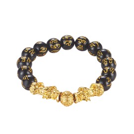 KINLNGEE Dual 24K Gold-Plated Pixiu Black Obsidian Feng Shui Bracelet,10mm