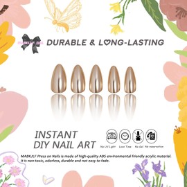 Gold Chrome Press on Nails Medium Almond, MABKJLF Mirror Metal Stiletto Fake Nails Acrylic Nails with Bling Design, Fall Winter Glue on Nails for Daily Party Wear, False Nails Press ons in24 PCS