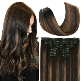 Clip in Hair Extensions 120G 100% Brazilian Remy Human Hair Extensions 9A Thickened Soft Silky Straight for Fashion Women 7pcs 17clips Natural Black to Chesnut Brown Highlight Black (22Inch #1BT6P1B)