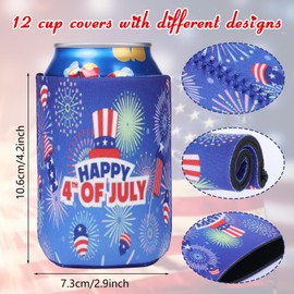 4th of July Decoration Can Cooler Sleeves, 12 Pcs Independence Day Can Party Supplies USA Flag Insulated Collapsible 4th of July Cooler Sleeves for Patriotic Memorial Day (Blue and White)
