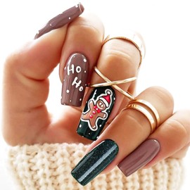 Cute Christmas Gingerbread Press on Nails Christmas Hat Fake Nails 24Pcs Long Square Glossy Brown Gingerbread Acrylic False Nails Xmas Cartoon Gel Glue on Nails HO Stick on Nail for New Years