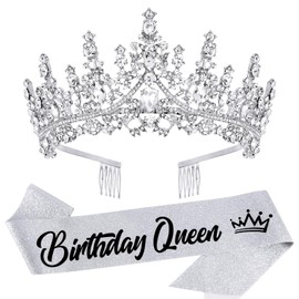 VELSCRUN VELSCRUN Silver Crystal Birthday Queen Tiara Crowns for Women Girls Birthday Queen Headband Sash Elegant Princess Crown with Combs Hair Accessories Happy Birthday Party Decorations Mom Birthday Gift
