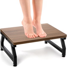 ELFULLY Wooden Step Stool for Adults Seniors, Heavy Duty Stools for High Bed with Adjustable Non-Slip Feet, One Step Foot Stool for Bedroom Living Room Bathroom Kitchen, Hold Up to 220 lb, Brown