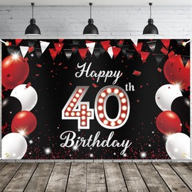 JOYKY Happy 40th Birthday Banner, Red Black Happy 40th Birthday Party Decorations for Men Women, 40 Year Old Birthday Supplies Backdrop Décor for Her Him, 5.9 X 3.8 Fts