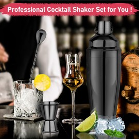 Cocktail Shaker Set Martini Shaker Set Bartender Set with Margarita Mixer Drink Shaker, Measuring Jigger and Mixing Spoon - Professional 18/8 Stainless Steel Bar Tools for Mixed Drinks, Black