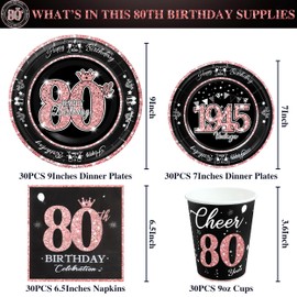 algpty 80th Birthday Decorations Rose Gold, Service for 30, Vintage 80th Birthday Party Supplies Includes Rose Gold 1945 Plates, Napkins,Cups, Plates and Napkins for Women