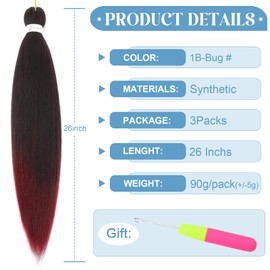 WacanDan Black to Bug Ombre Braiding Hair Pre stretched 26 Inch 3 Packs, Professional Soft Yaki Texture Long Braid Extensions, Hot Water Setting for Box Braids Twist & Crochet Braids 1B/Bug#