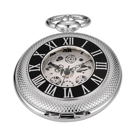 Whodoit Silver Black Single Open Mechanical Pocket Watch Roman Numeral Dial Mechanical Pocket Watches for Men