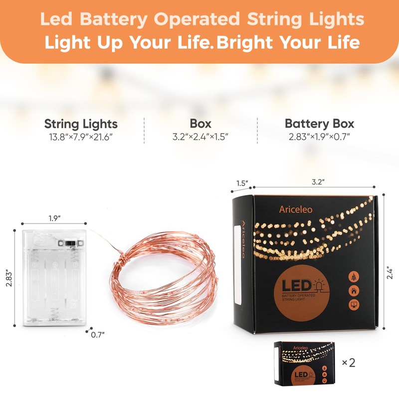 Ariceleo Upgraded LED Fairy Lights, 2 Pack 16ft Red with