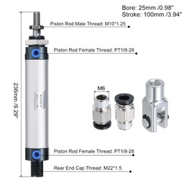 PATIKIL Pneumatic Air Cylinder 25mm Bore 100mm Stroke, MAL16 Single Rod Double Action with 1Pcs Y Connector, 2Pcs Fitting, 1Pcs Tape for Automatic Equipment, Silver