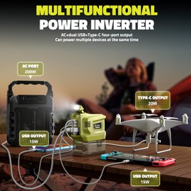 200W Portable Power Inverter for Ryobi 18V,Ecarke Outdoor Generato Battery Converter with 2 USB&LED&AC Battery Powered Outlet,Convert DC 18V/20V to AC 110V-120V Portable Power Station(Tool Only)
