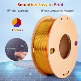 3Dgenius Silk PLA 3D Printer Filament Triple Color Silk PLA Filament 1.75mm 3D Printing Filament Fit Most FDM Printers, 250g Spool(0.55lbs), 3 in 1 Color Red Gold Purple