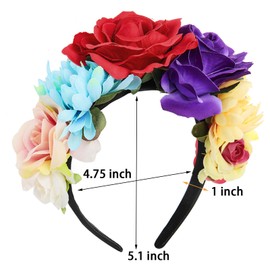 KFZR Mexican Rose Flower Crown Headband, Cinco De Mayo Floral Headbands, Mardi Gras Costume Headpiece Bridal Cosplay Hair Accessories for Women (3 Pcs)