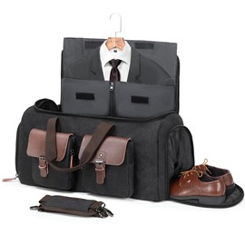 Canvas Garment Bags for Travel, Convertible Carry On Garment Duffel Bag for Men Women, 2 in 1 Suit Bag Hanging Suitcase Business Travel Bag with Shoe Compartment (Black, L)
