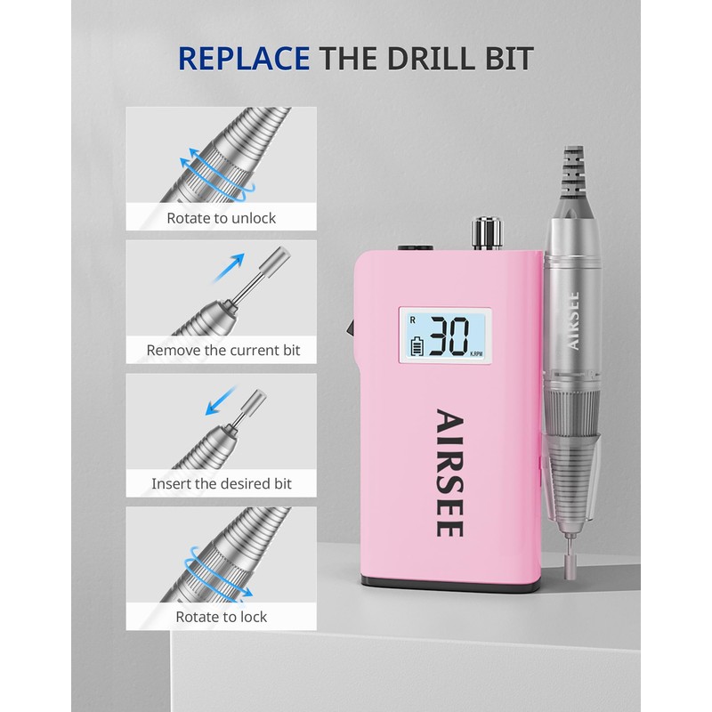 AIRSEE Rechargeable 30000RPM Electric Nail Drill Professional Portable E File