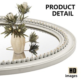 H HOMEWINS Oval Mirrors for Wall,20x30 Oval Wooden Rustic Farmhouse White Beads Boho Decorative Mirror for Bedroom, Bathroom, Living Room,Vanity