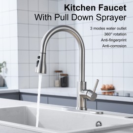 Brushed Nickel Kitchen Faucet with Pull Down Sprayer - High Arc Stainless Steel Kitchen Sink Faucet, 3-Function Pull Out Kitchen Faucet, Single Hole Single Handle Sink Faucet, Modern Kitchen Faucets