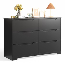 Gizoon Black 6 Drawer Dresser for Bedroom, Modern Wood Chest of Drawers with Cut-Out Handles, Accent Cabinet with Wide Double Drawers for Living Room, Entryway, 15.7" D x 47.3" W x 31.5" H