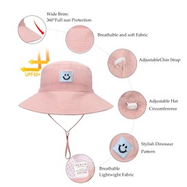 Baby Sun Hat Smiling Face UPF 50+ Beach Toddler Bucket Hat for Baby Boys and Girls, Toddler Kids Wide Brim Sun Hats Cap (US, Age, 0 Months, 6 Months, White+Rose)